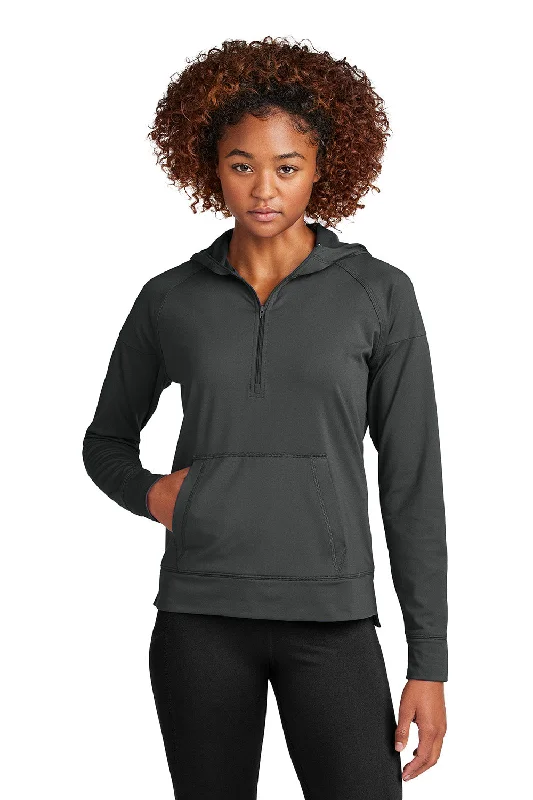 Sport-Tek Womens Sport-Wick Moisture Wicking 1/4 Zip Hooded Sweatshirt Hoodie w/ Pouch Pocket - Charcoal Grey - New Hoodie with Hem Frayed Vintage Worn