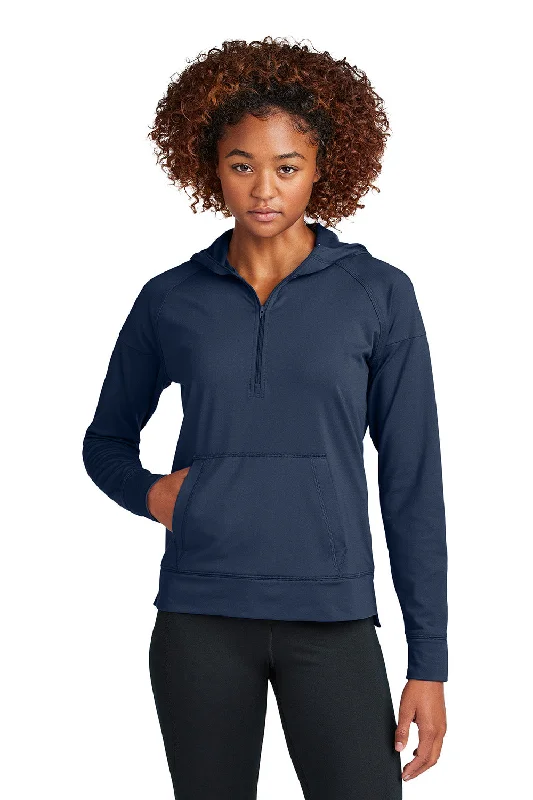 Sport-Tek Womens Sport-Wick Moisture Wicking 1/4 Zip Hooded Sweatshirt Hoodie w/ Pouch Pocket - True Navy Blue - New Hoodie with Slit Hem Functional Movement