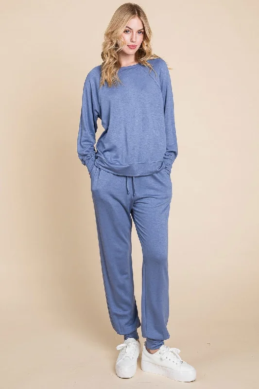 Super Lady Round Neck Raglan Sleeve Top and Pants Lounge Set Relaxed Lounge Trousers