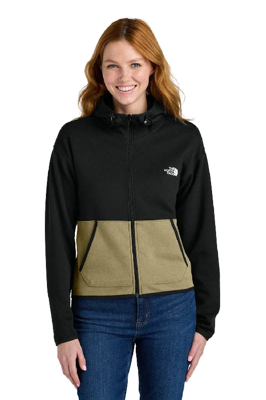 The North Face Womens Double Knit Full Zip Hooded Sweatshirt Hoodie w/ Pockets - Khaki Stone/Black - New Hoodie with Contrast Stitching Detailed Premium