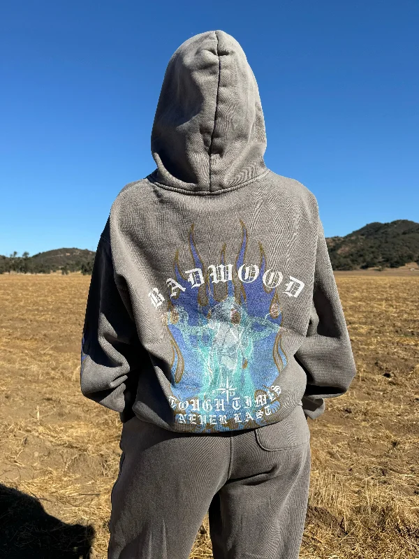 "TOUGH TIMES" Hoodie in BURNOUT Hoodie with Typography Text Message