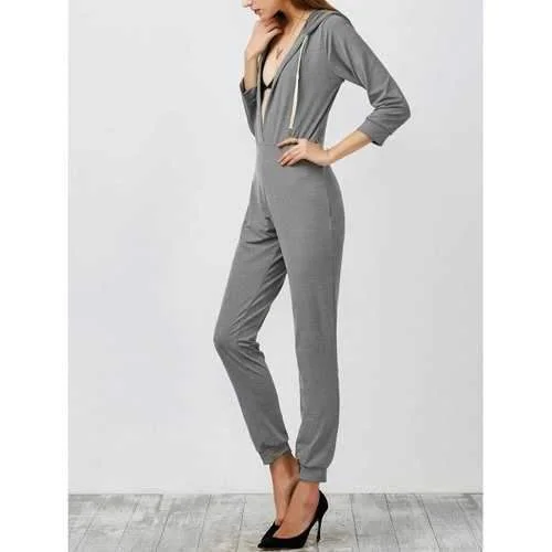 High Waist Hooded Jumpsuit - Gray M Hoodie with Raglan Sleeves Sporty Comfortable