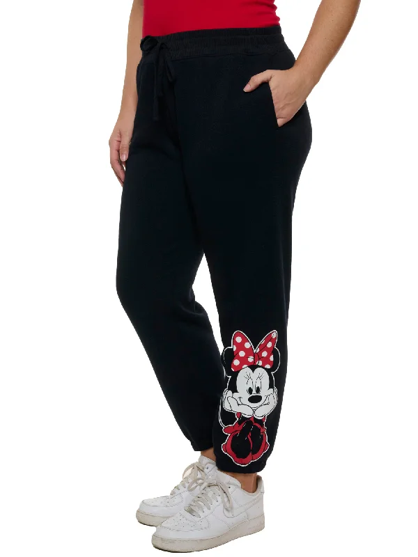 Women's Plus Size Disney Minnie Mouse Jogger Pants Pockets Fleece Black Comfy Zip-Up Pants