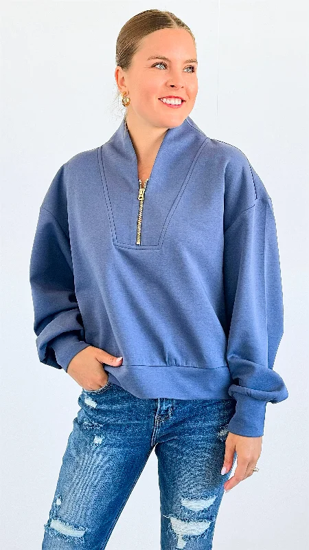 Zip-Up Scuba Long Sleeve Sweatshirt - Denim Hoodie with Relaxed Fit Easy Casual