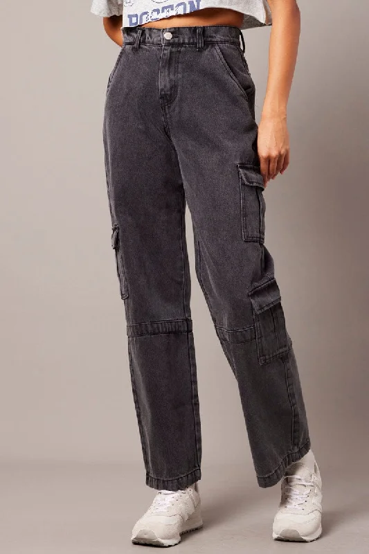 Grey Cargo Jean Wide Leg Classic Button Fly Jeans