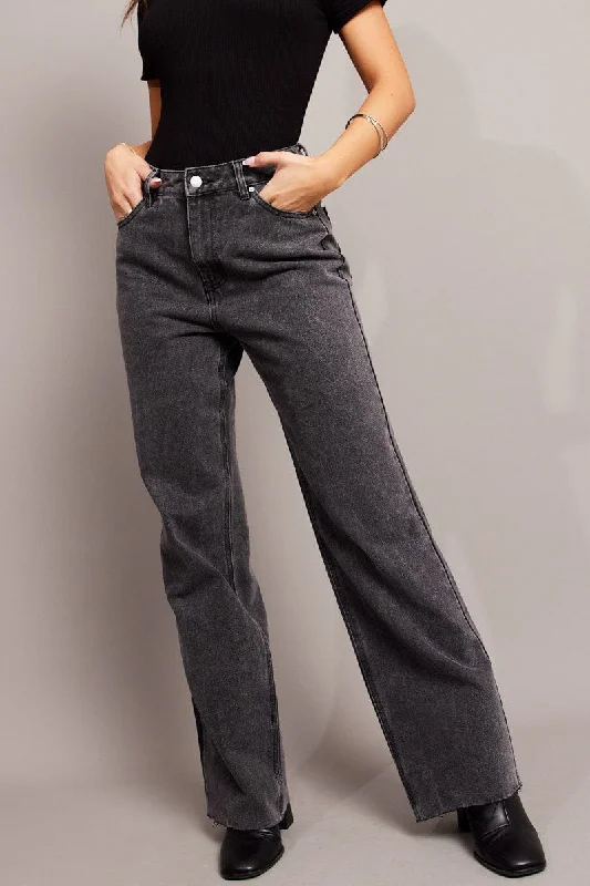 Grey Straight Jean Mid Rise Classic Black Denim Jeans