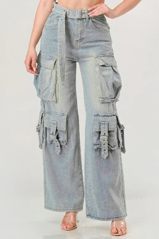 Belted Denim Cargo Jean Trendy Skinny High-Waist Jeans