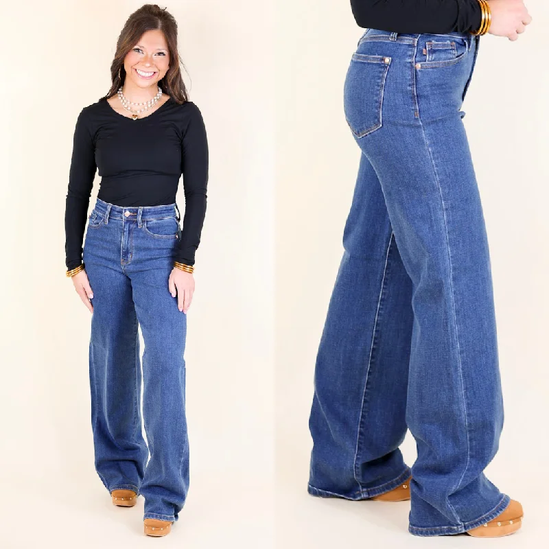 Judy Blue | High Society High Waisted Vintage Wide Leg Jean in Medium Wash Stylish Shredded Denim Jeans