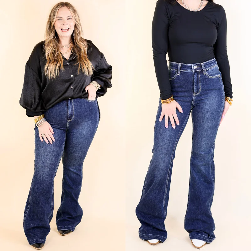 Judy Blue | Perfect Angles High Waisted Flare Jean with an Angled Side Seam in Dark Wash Fashionable Straight Cut Jeans