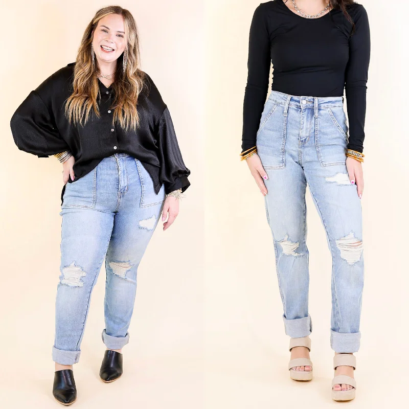 Judy Blue | Ripped Revival High Waisted Destroy Boyfriend Jean with Patch Pockets in Medium Wash Chic Rolled Cuff Denim Jeans