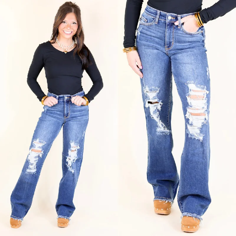 Judy Blue | Rugged Charm Mid Rise Distressed Dad Jean in Medium Wash Comfortable Stretch Denim Jeans