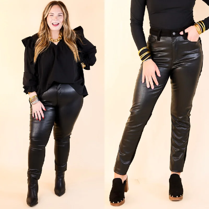 Judy Blue | The Best of Both High Waisted Faux Leather and Denim Skinny Jean in Black Comfortable Mid-Rise Jeans