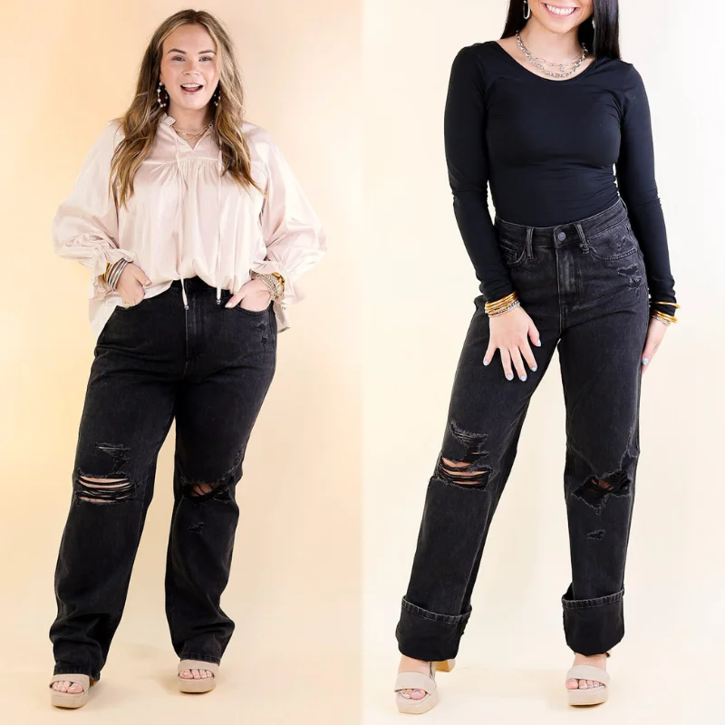 Judy Blue | Vintage Edge Rigid Magic 90's Straight Leg Jean with Destroyed Knee in Black Trendy Vintage Denim Jeans