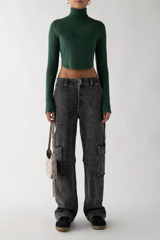 BLACK WASH CARGO JEAN Chic Rip-Detail High-Waist Jeans