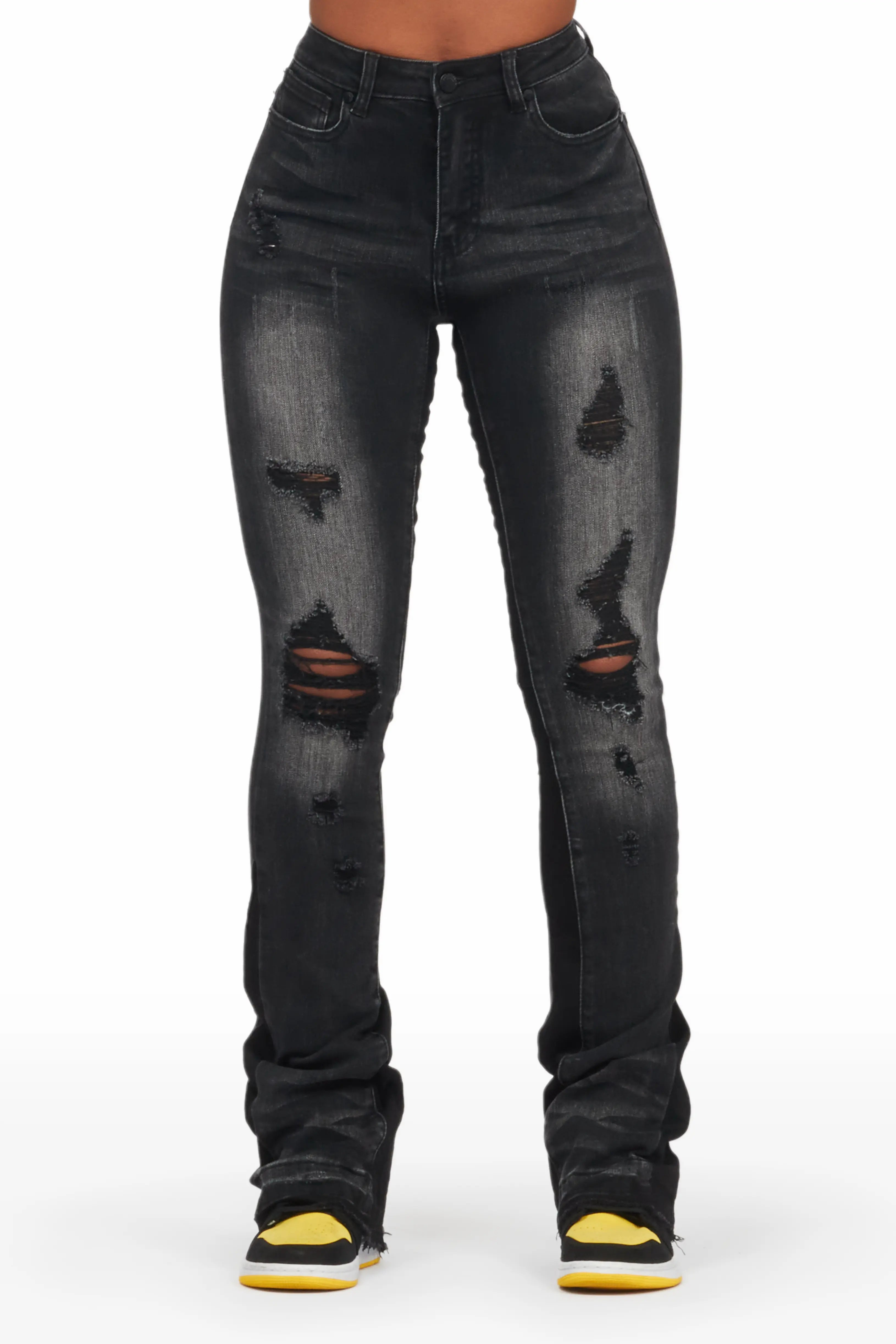 Jazminn Black Wash Stacked Flare Jean Comfortable Distressed Straight-Leg Jeans