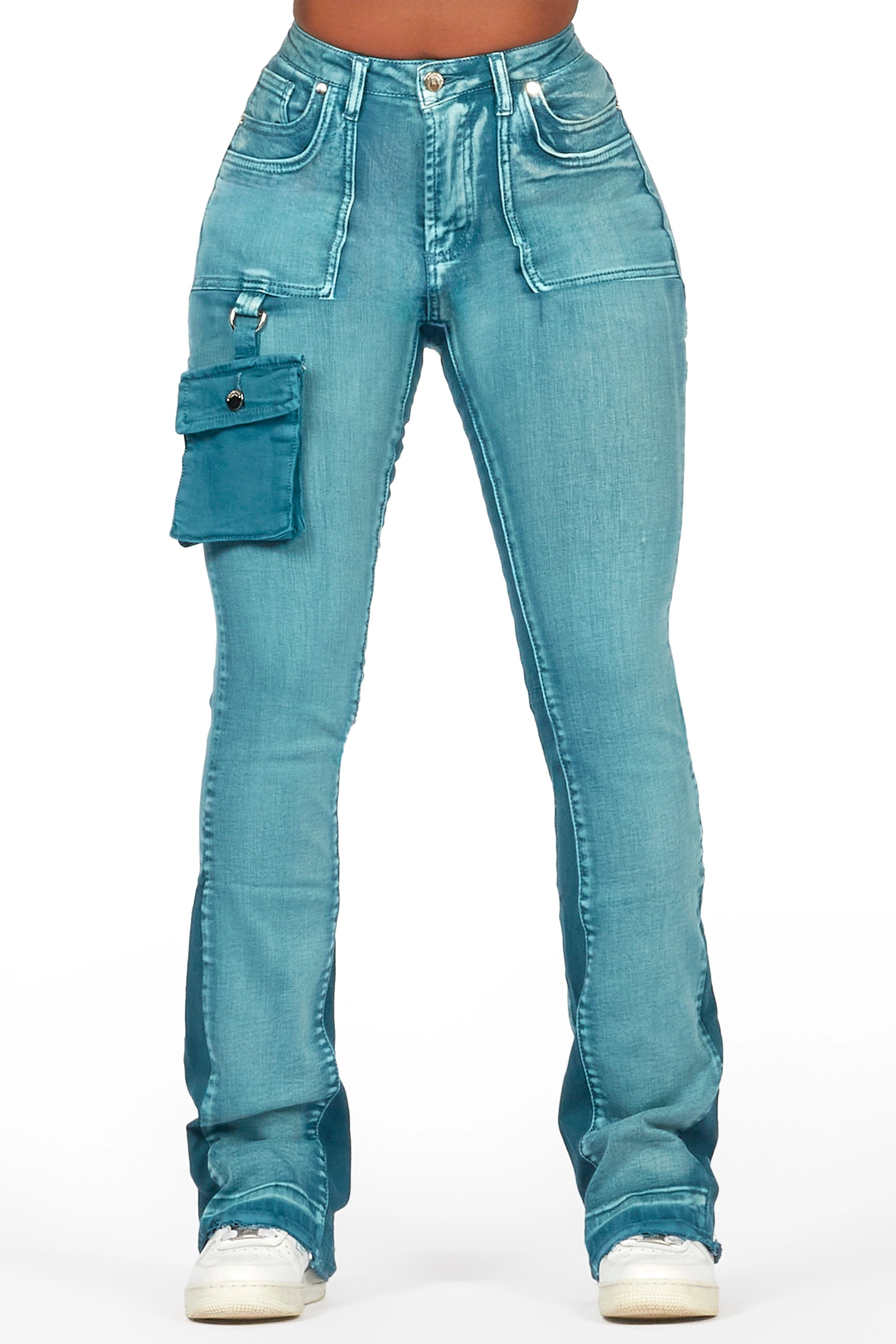 Galexus Blue Stacked Flare Jean Trendy Vintage Denim Jeans