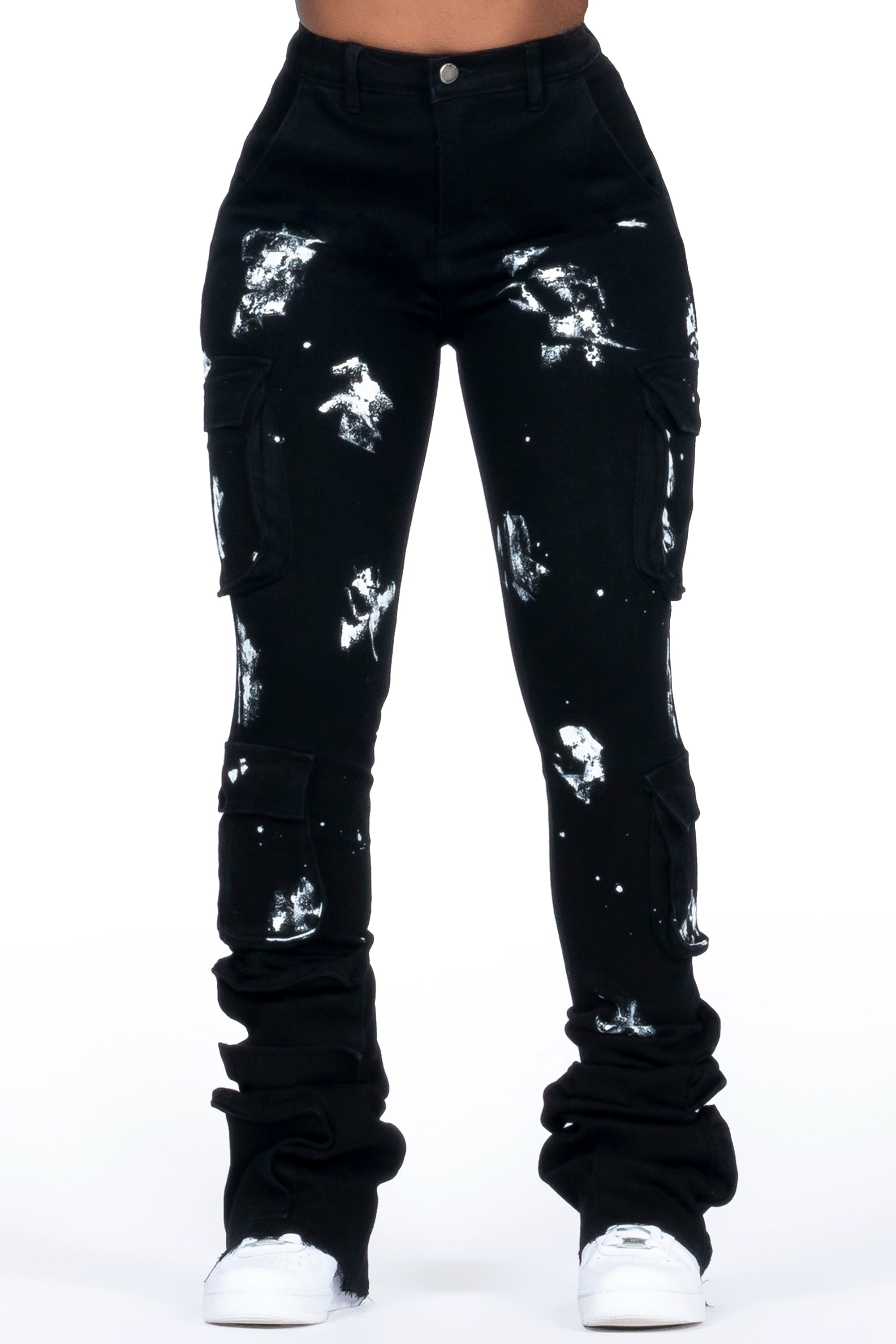 Shondrell Black Painted Super Stacked Jean Cozy Stretch High-Waist Jeans