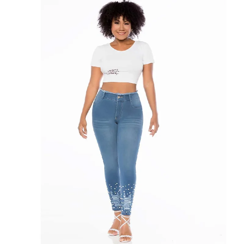 Skinny Blue Jean for women - Pearl embellished denim - J82333SH Chic Dark-Wash Skinny Jeans