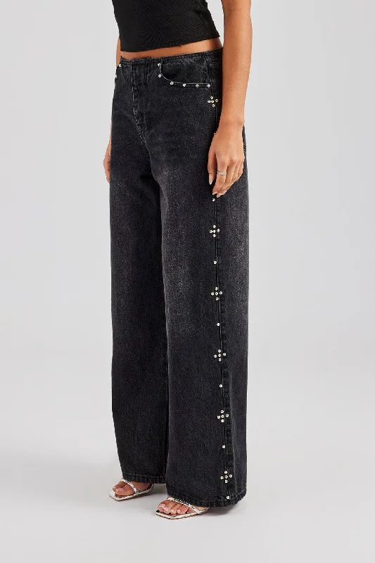 Stud Detail Baggy Jean - Washed Black Elegant Raw Hem Jeans