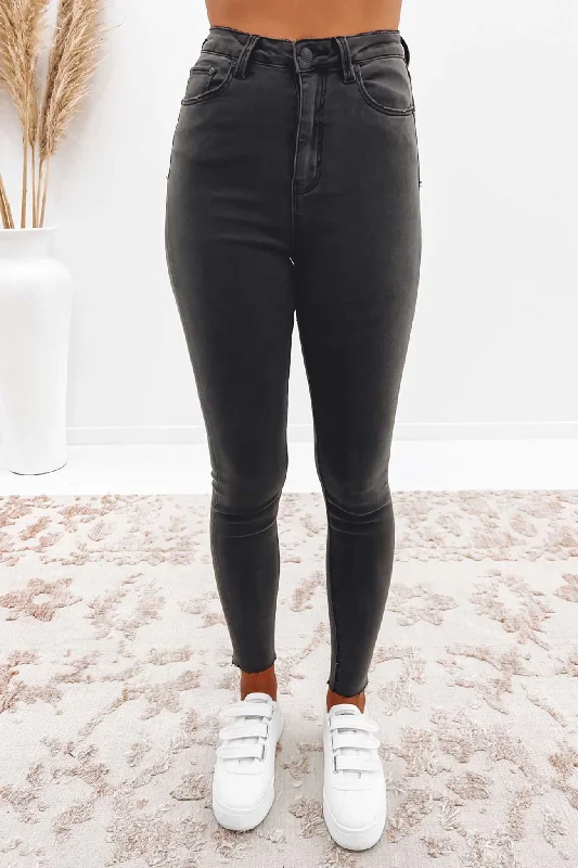 Super High Waisted Skinny Jean Washed Black Trendy Button-Up High-Waist Jeans