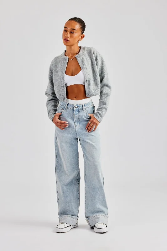 Waistband Turn Up Baggy Jean - Ice Blue Chic Rip-Detail High-Waist Jeans