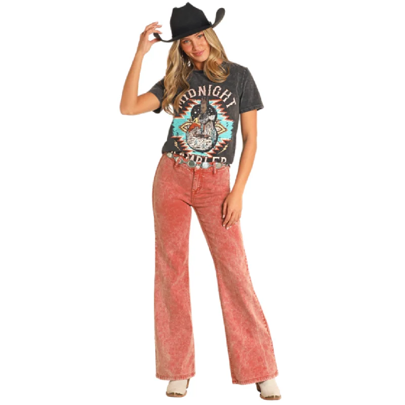 Women's Bargain Bell Rust Button Wide Leg Jean by Rock & Roll BW8PD04758 Trendy Wide-Legged High-Waist Jeans