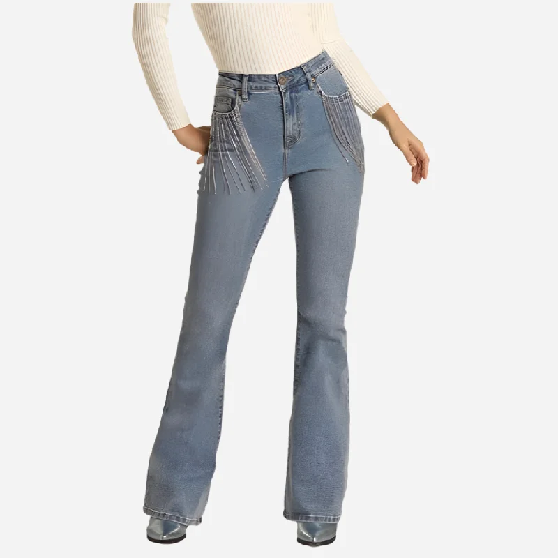 Rhinestone Flare Jean Stylish Stone-Wash Denim Jeans