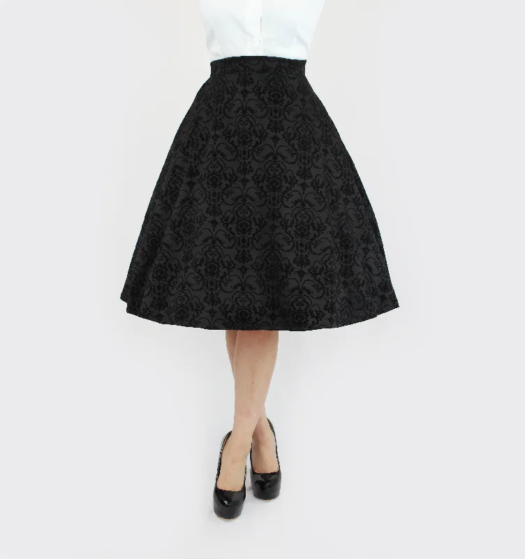 Vintage Inspired Holiday Damask Circle Skirt, Black Audrey Hepburn Full Circle Skirt w/ Pockets XS-3X velvet skirt sumptuous