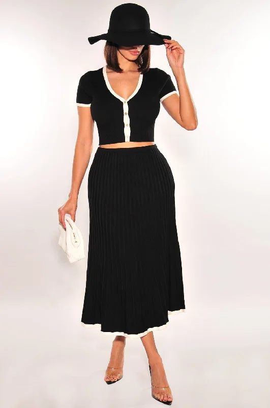 Black White Contrast Trim Pleated Knit Two Piece Skirt Set lace skirt intricate