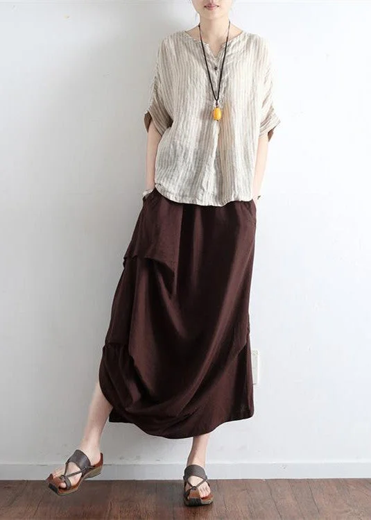 Brick red oversized linen skirts asymmetrical design elastic waist long skirt relaxed fit skirt