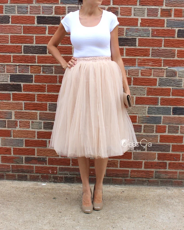 Claire Beige Soft Tulle Skirt - Below Knee Midi linen skirt breathable