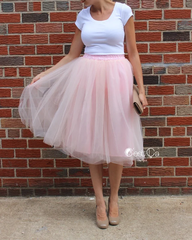 Claire Blush Pink Soft Tulle Skirt - Below Knee Midi leather skirt bold