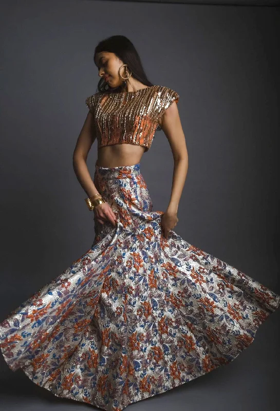 TERRA Blue and Orange Lehenga Skirt (Ready-to-Ship) corduroy skirt textured