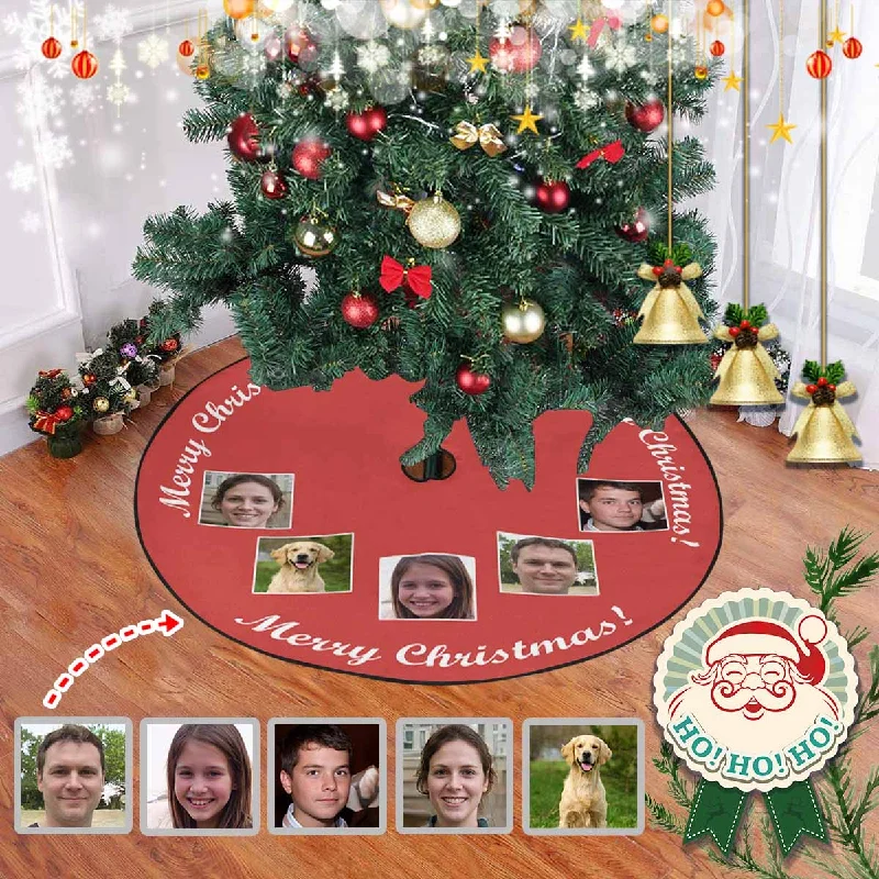 Custom Photo Merry Christmas Red Christmas Tree Skirt linen skirt light