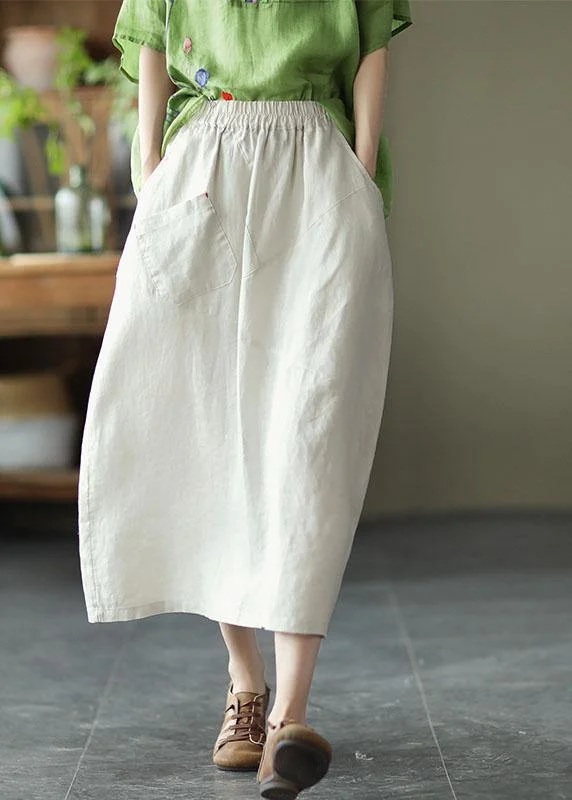 Elegant White Patchwork Pockets A Line Skirts Linen corduroy skirt cozy