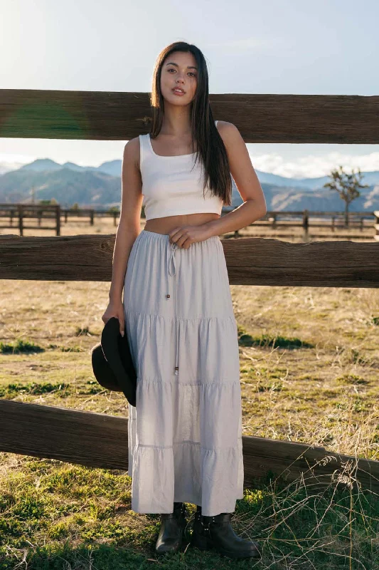 Flowy Tiered Maxi Linen Skirt - Light Grey denim skirt stylish