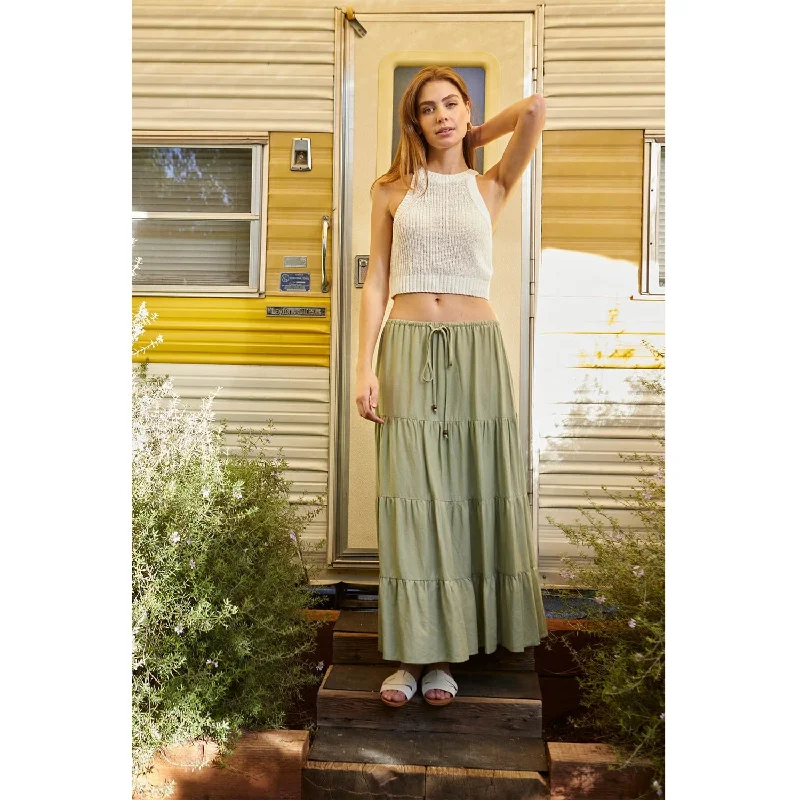 Flowy Tiered Maxi Linen Skirt - Sage a-line skirt cut