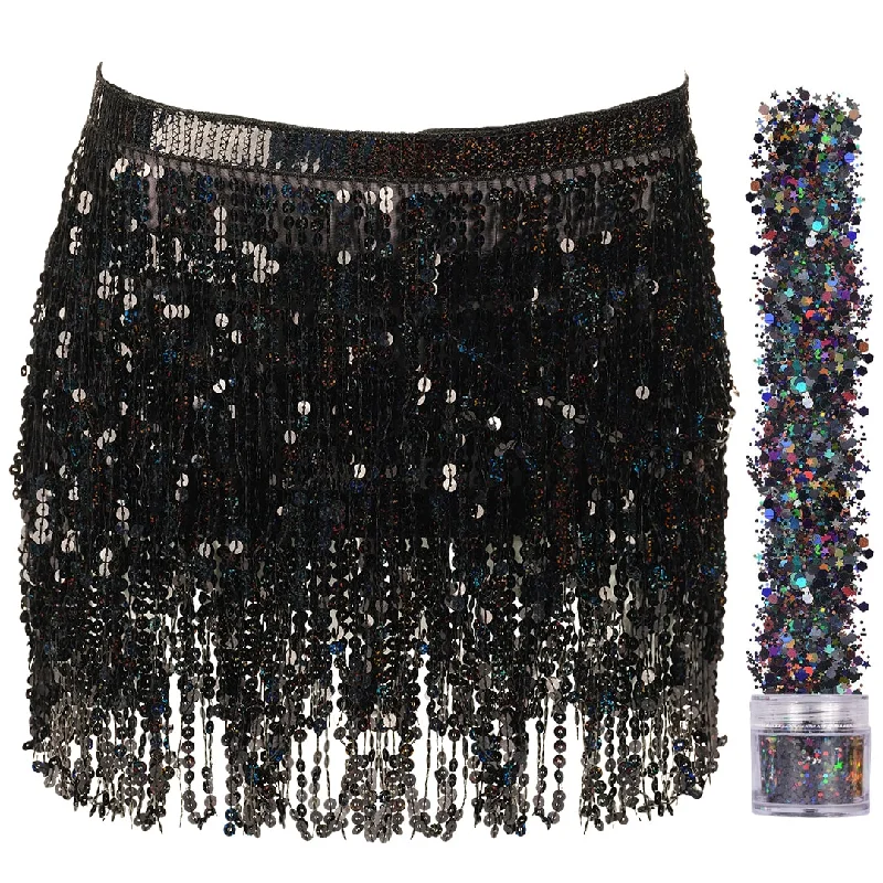 Sequin Fringe Mini Skirt - Sparkly Belly Dance Hip Scarf - Space Cowgirl Outfit - Holographic Tassel Skirts - Party Accessories - Music Festival Rave Clothes for Women ( Black ) - FUNCREDIBLE silk skirt smooth