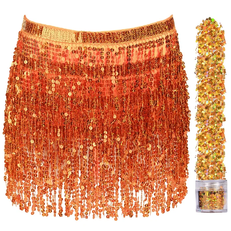 Sequin Fringe Mini Skirt - Sparkly Belly Dance Hip Scarf - Space Cowgirl Outfit - Holographic Tassel Skirts - Party Accessories - Music Festival Rave Clothes for Women ( Orange ) - FUNCREDIBLE modal blend skirt