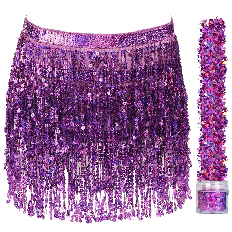 Sequin Fringe Mini Skirt - Sparkly Belly Dance Hip Scarf - Space Cowgirl Outfit - Holographic Tassel Skirts - Party Accessories - Music Festival Rave Clothes for Women ( Purple ) - FUNCREDIBLE relaxed fit skirt