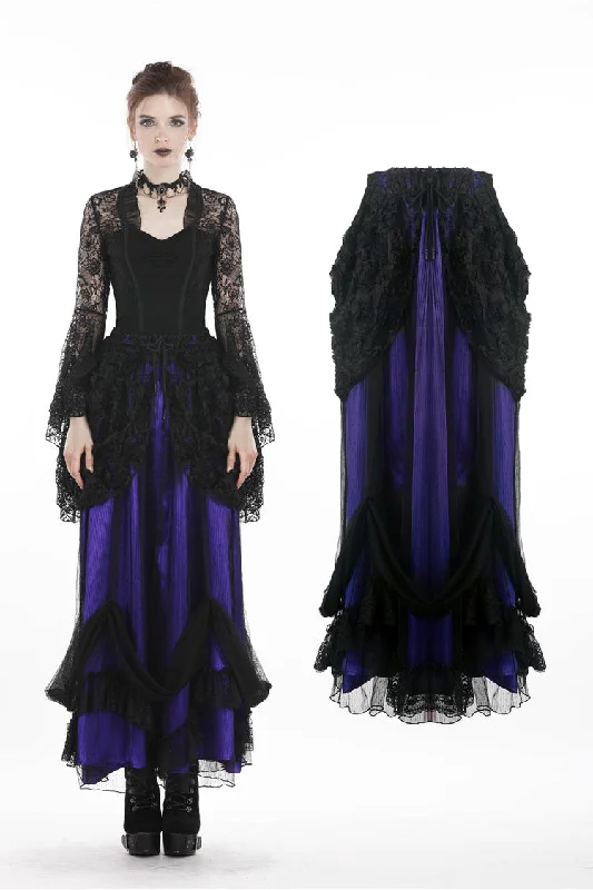 Gothic lace mesh satin long skirt KW139 leather skirt refined