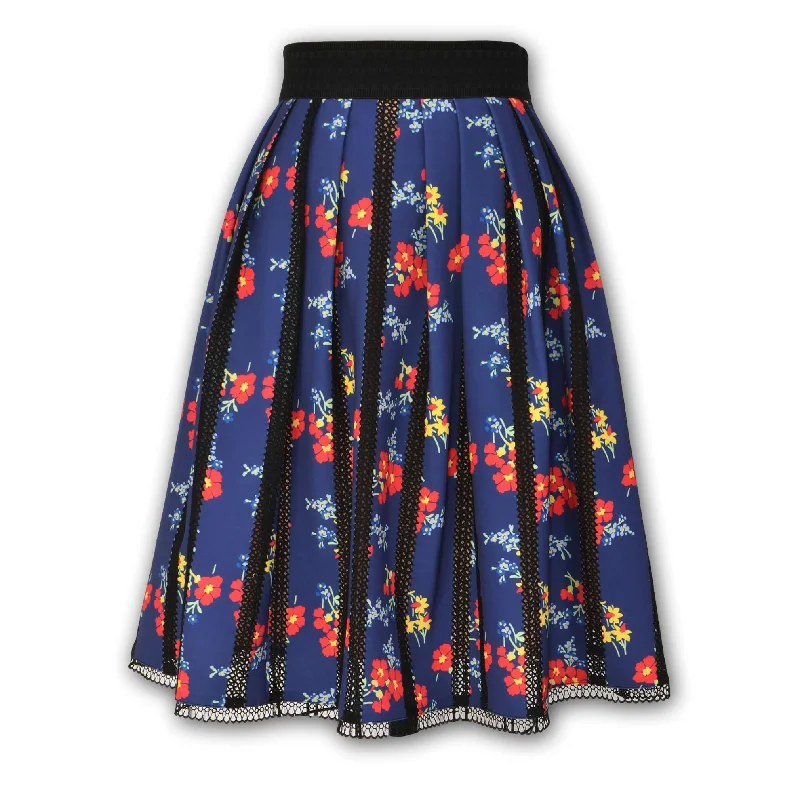 J. Peterman Women's Pleated Lace Inset Floral Skirt - Navy high slit skirt