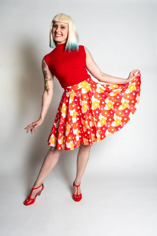 MB Circle Skirt - Pop Flower, Red leather skirt sleek