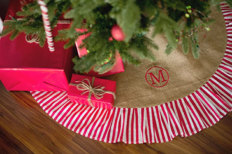 Red Striped Ruffle & Burlap Holiday Tree Skirt corduroy skirt durable