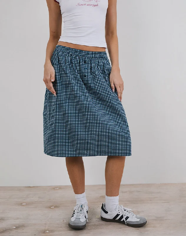 Sanjina Midi Skirt in Mini Dark Blue Gingham linen skirt natural