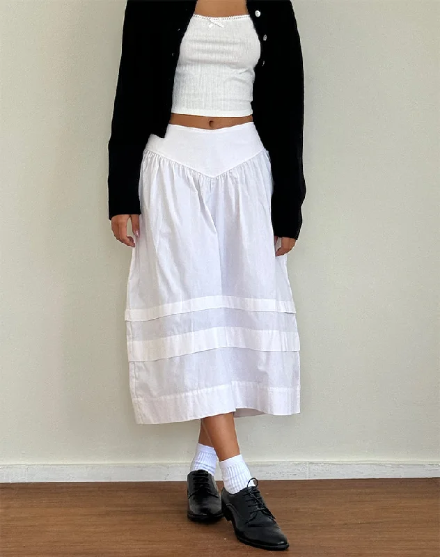 Sarayu Midi Skirt in Poplin White tiered skirt playful