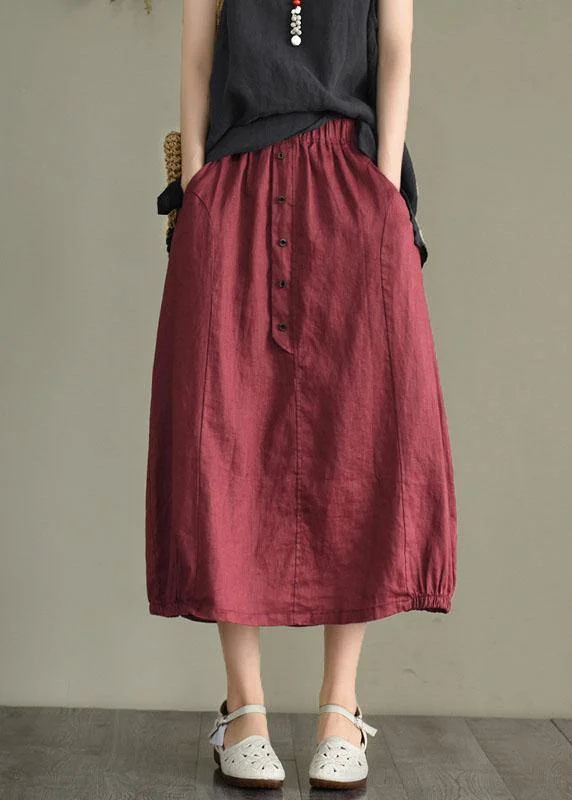 Simple Mulberry Retro Patchwork Pockets Summer Linen Skirt midi skirt versatile