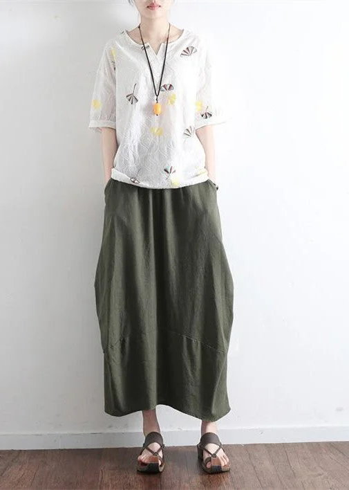 Tea green simple pockets linen skirts long maxi skirt button skirt front