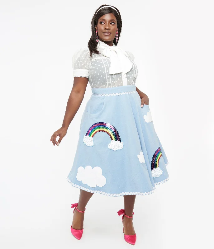 Unique Vintage Plus Size 1950s Light Blue & Rainbow Sequin Soda Shop Swing Skirt velvet skirt sumptuous