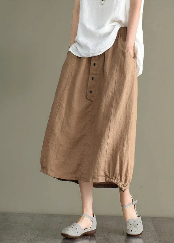 Women Khaki Linen Elastic Waist Button Skirt tiered skirt playful